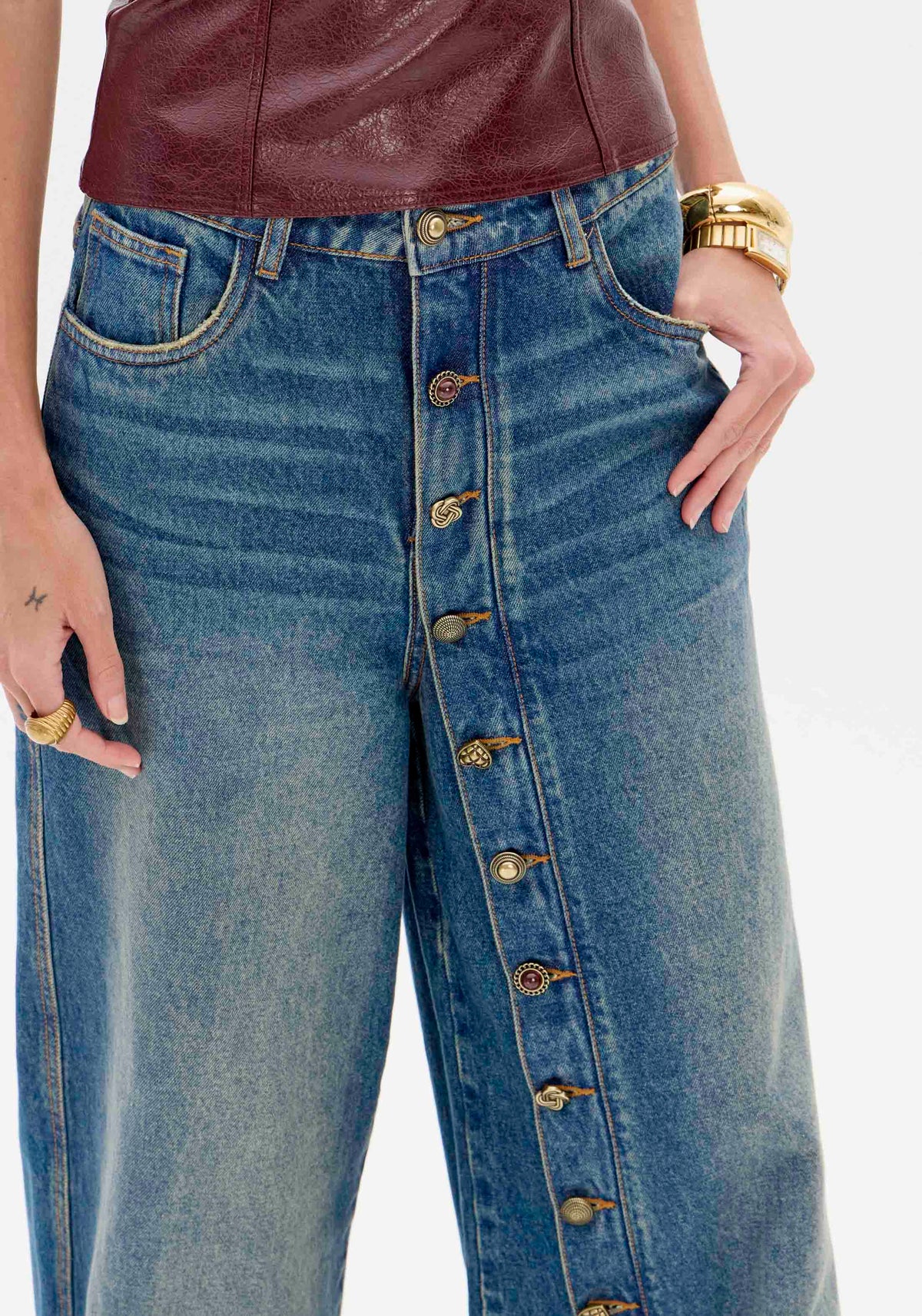 Wide-Leg Denim Trousers with Button Hem Lança Perfume