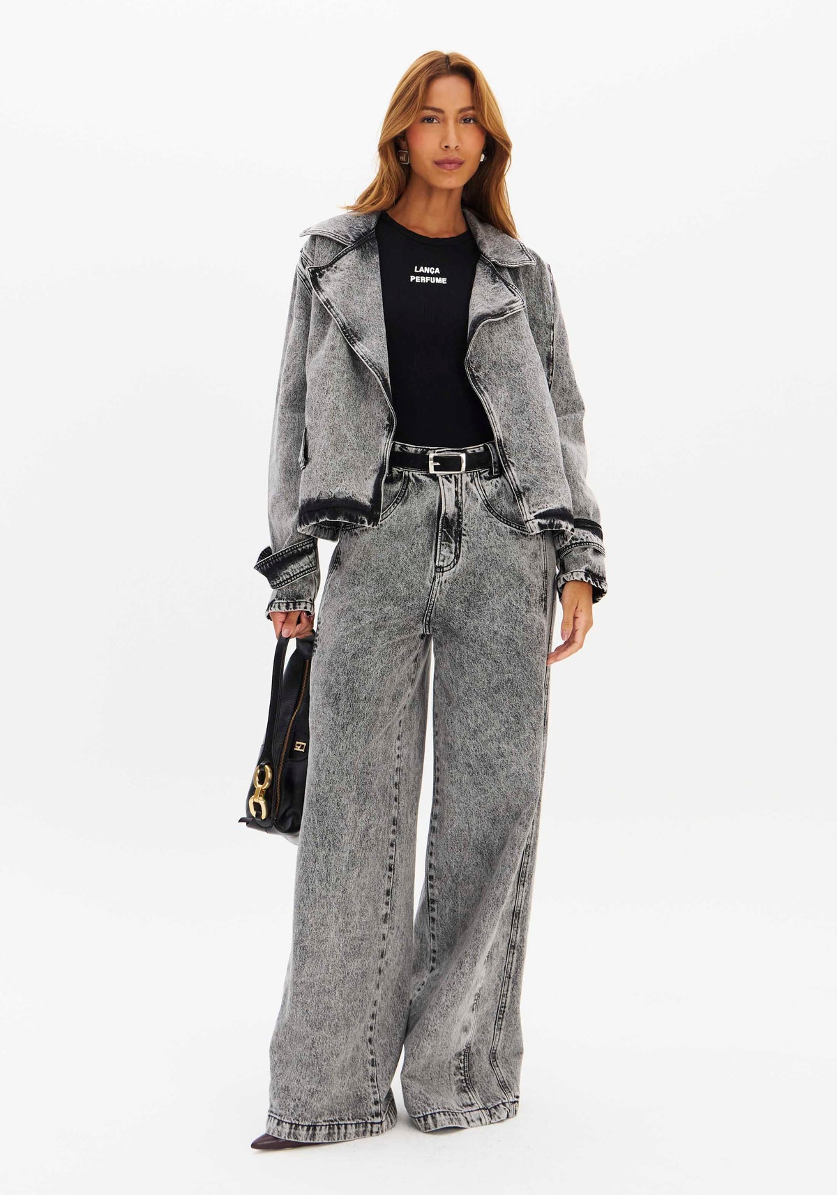 Oversized Washed Denim Jacket with Side Stripe Lança Perfume