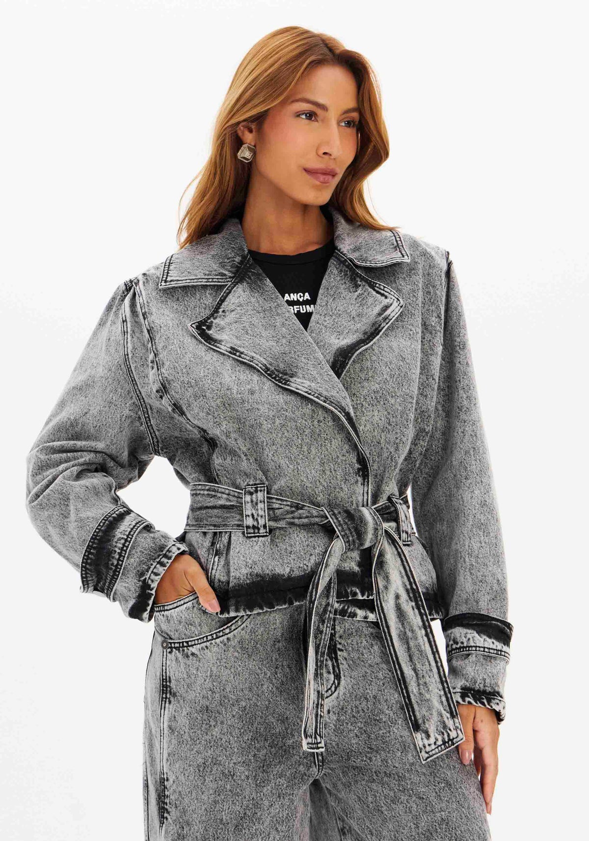 Oversized Washed Denim Jacket with Side Stripe Lança Perfume