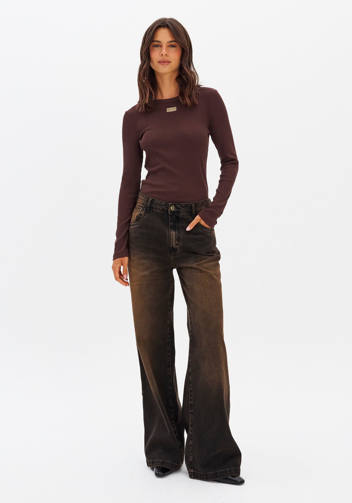 Long-Sleeve Ribbed Basic Top with Metallic Logo Lança Perfume