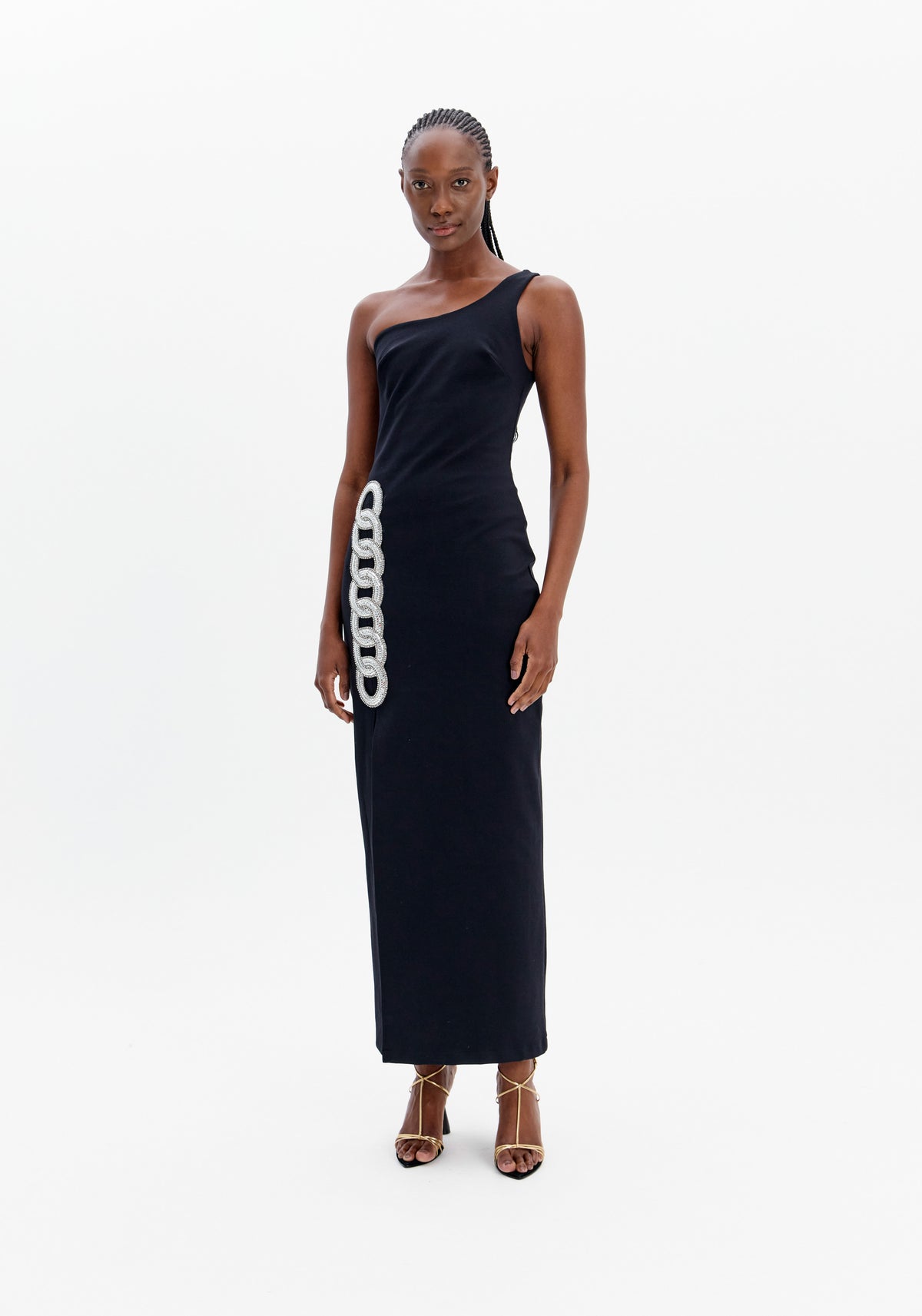 Vestido Super Midi Um Ombro com Brilho – Moderno e Sofisticado Lança Perfume