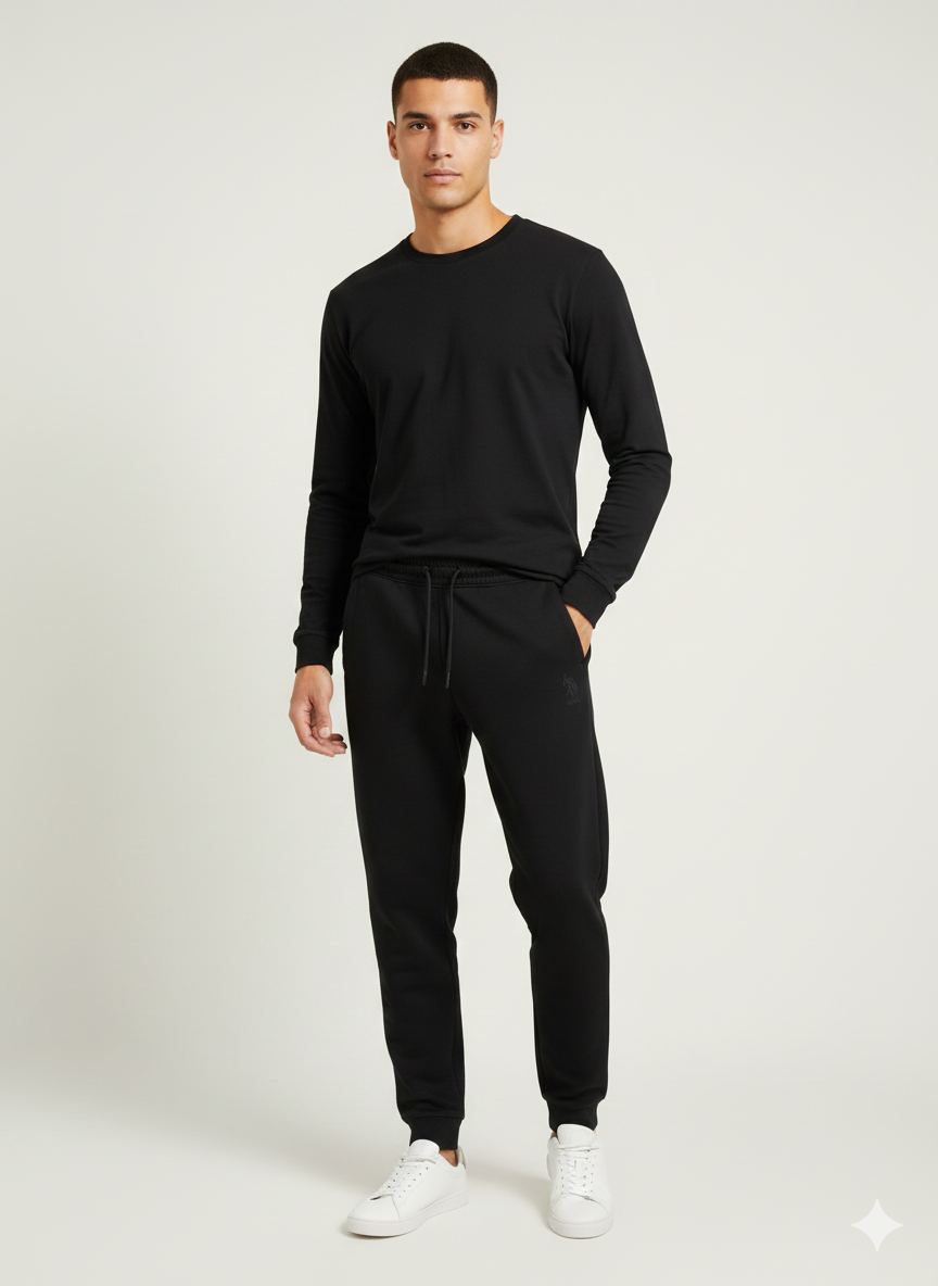 Calças de corrida pretas para homem Double Horsemen Loopback da US Polo Assn.
