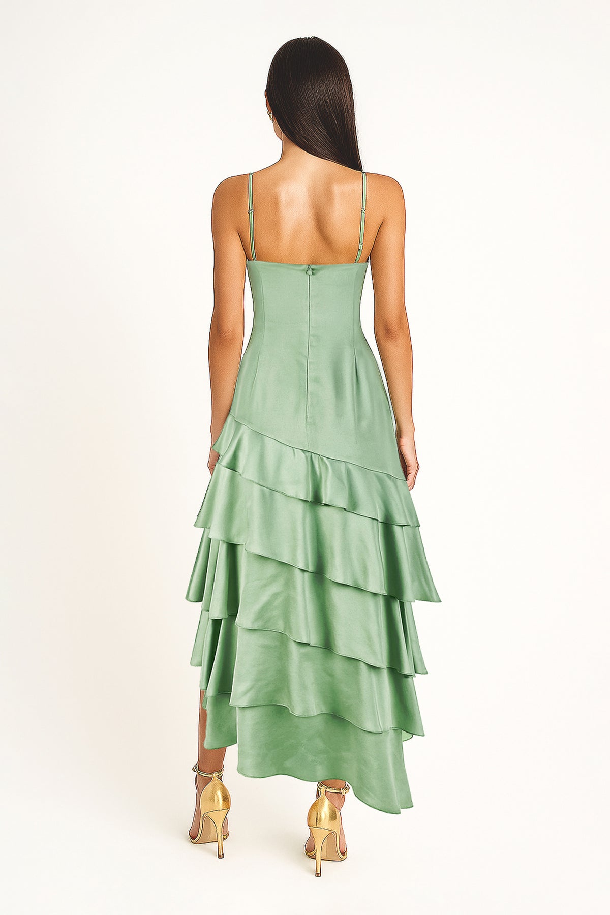 Vestido midi assimétrico com babados Sahoco