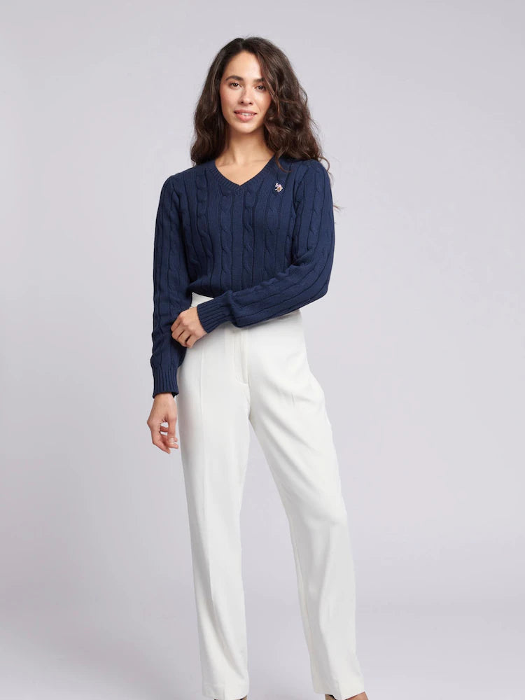 Camisola de mulher azul com decote em V e trama entrançada, da US Polo Assm.