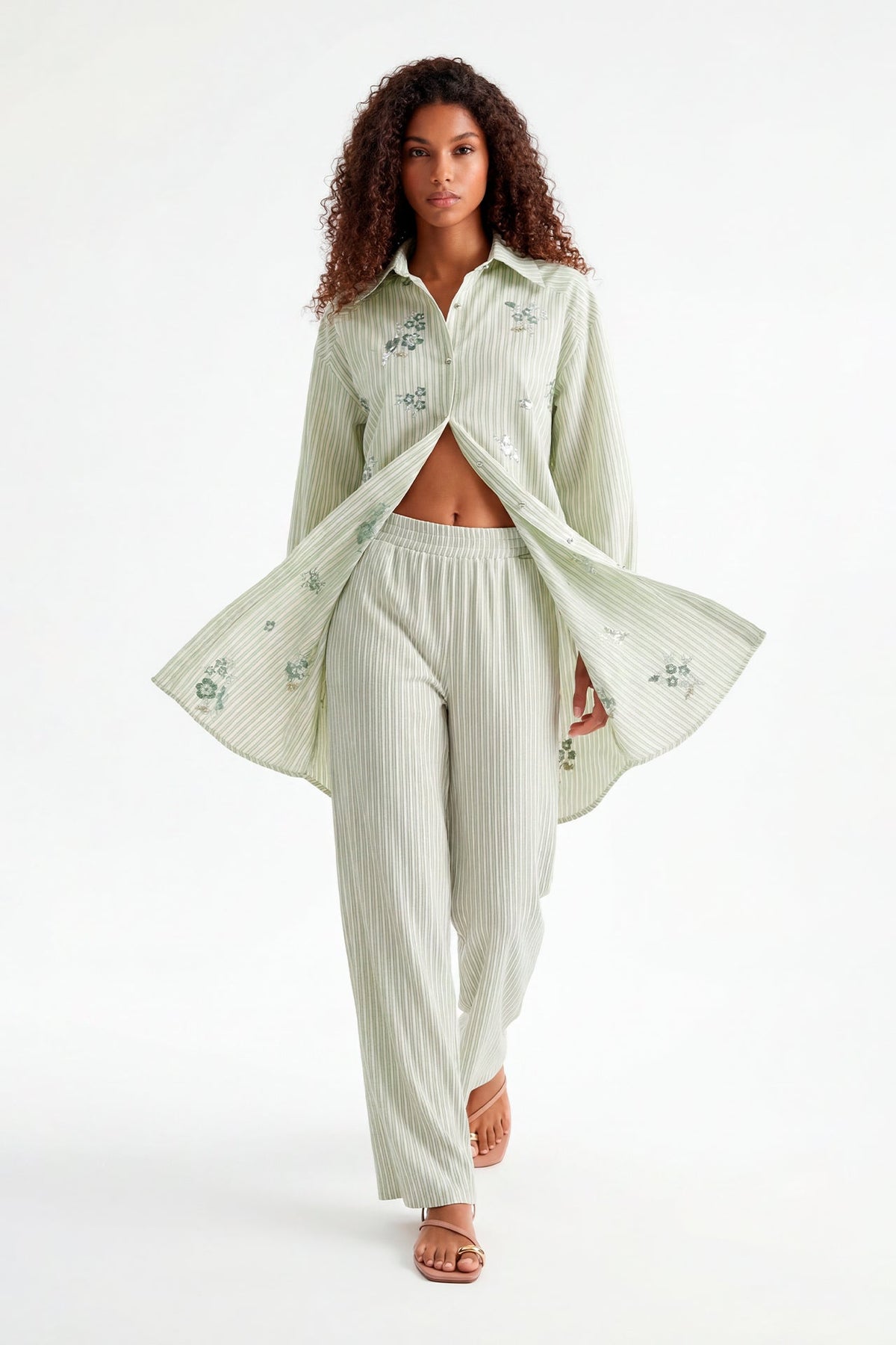 Sage Wide-Leg Striped Trousers Sahoco
