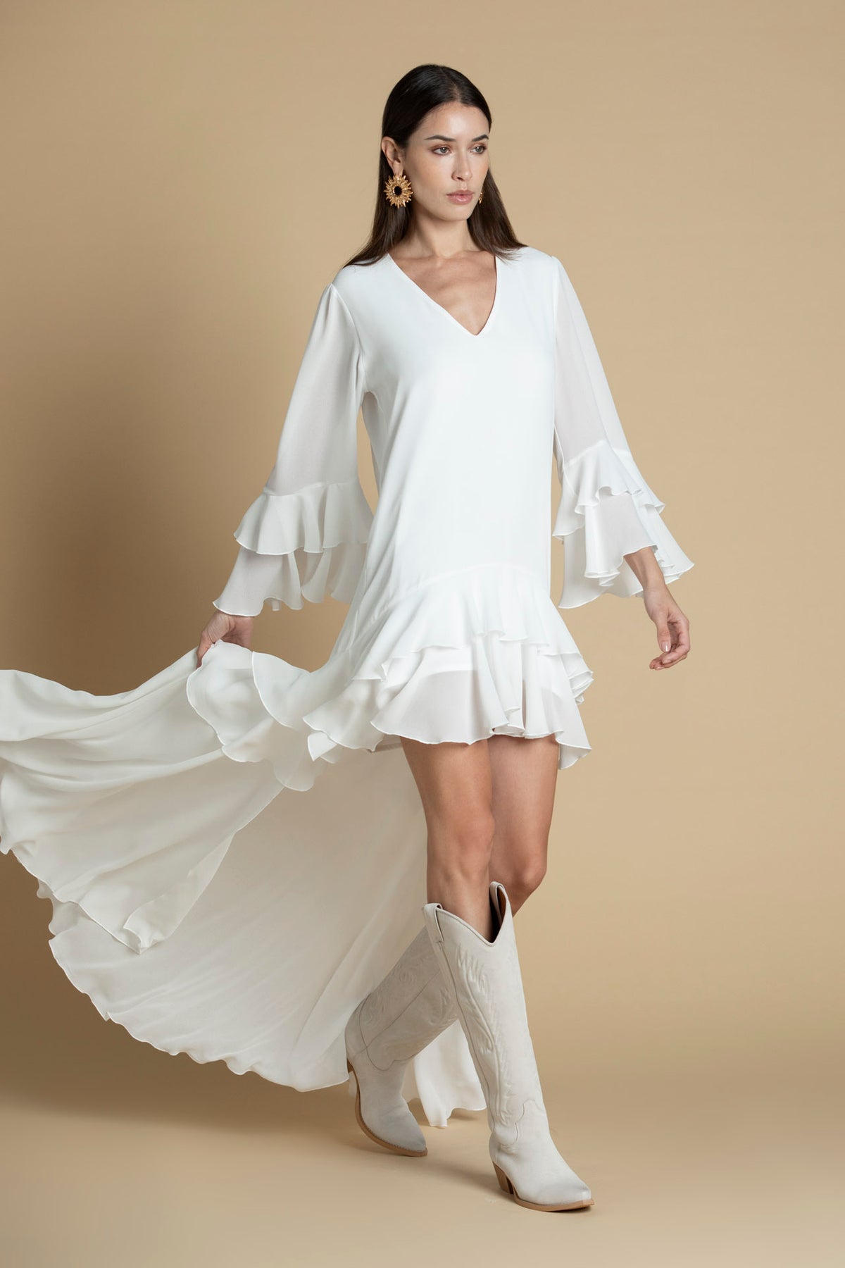 Vestido assimétrico com folhos Sahoco