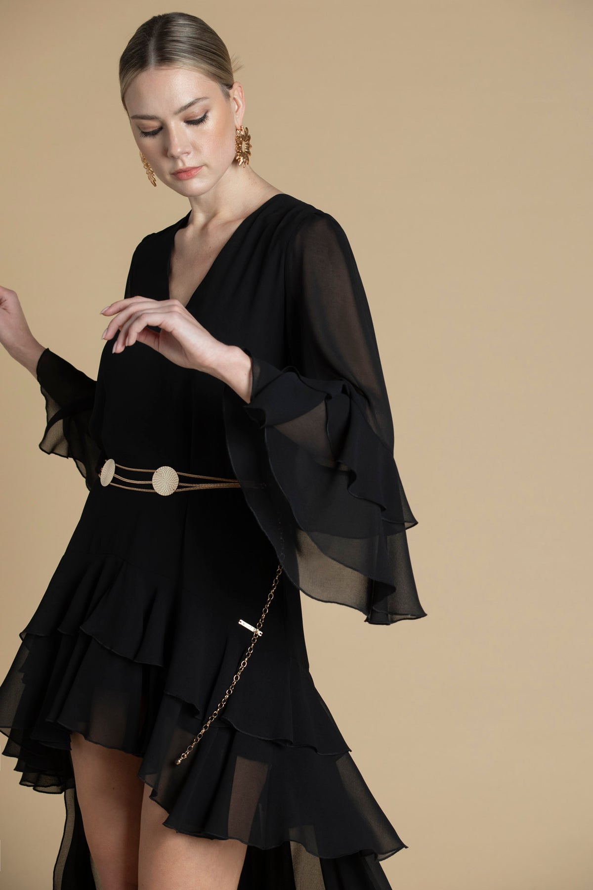 Vestido assimétrico com folhos Sahoco