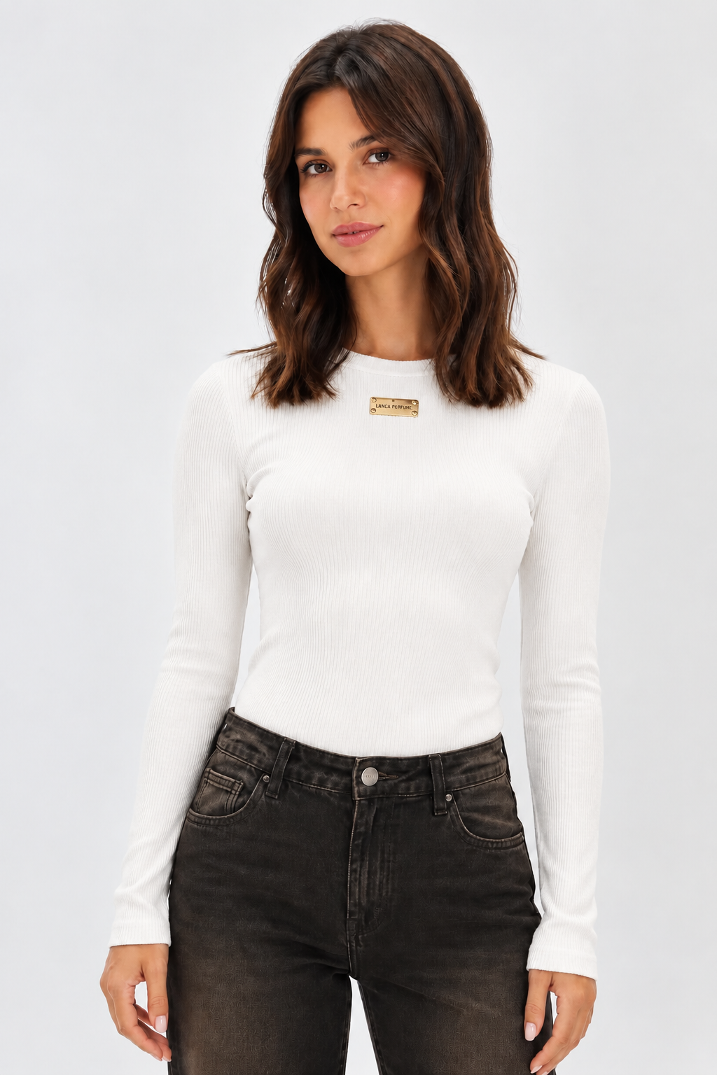 Long-Sleeve Ribbed Basic Top with Metallic Logo Lança Perfume