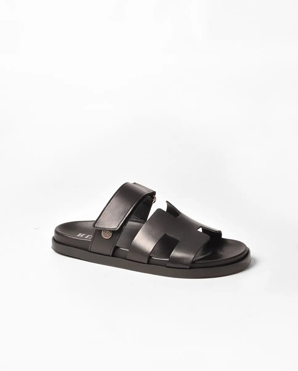 Black Leather Slip-On Sandals Ruika