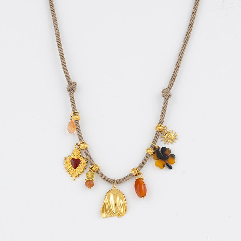 Trendy Cord and Stainless Steel Charm Necklace Jetlag