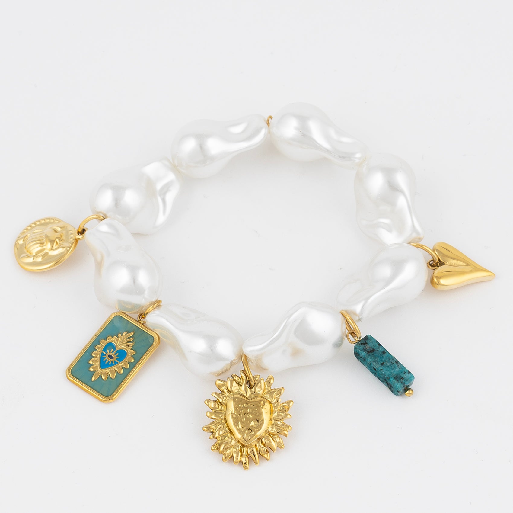 Large Synthetic Pearl Bracelet with Blue Tone Charms Jetlag
