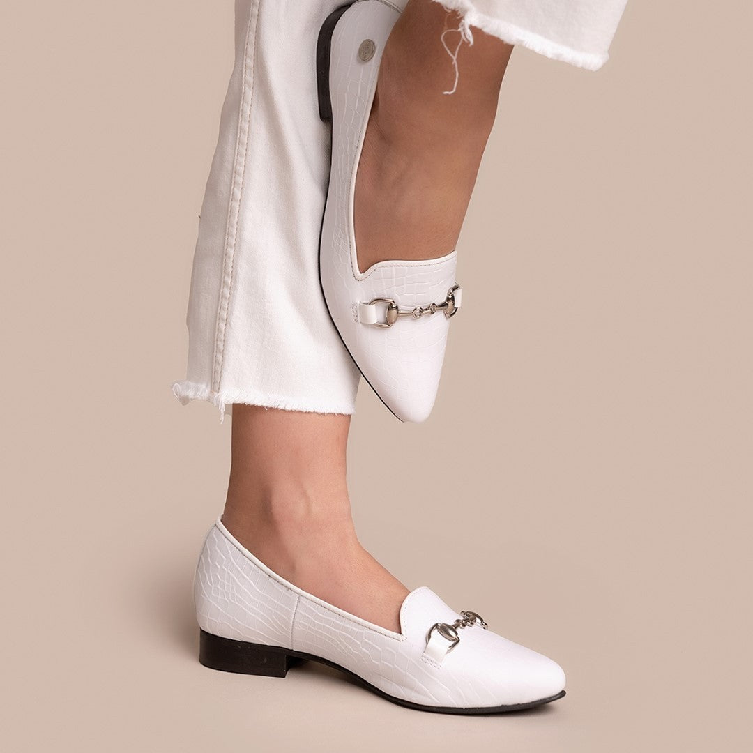 White Genuine Leather Shoes with Croc Texture Ruika