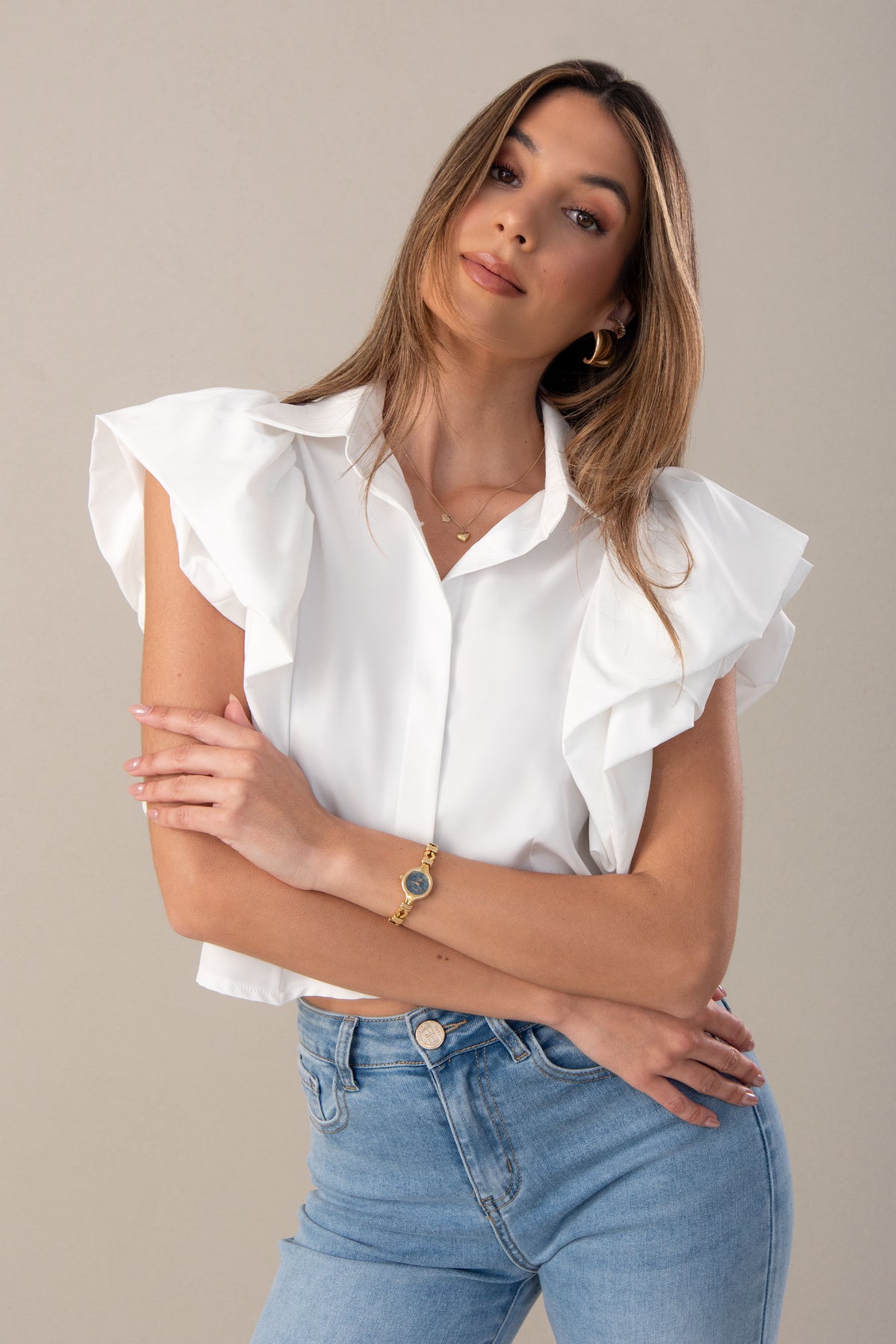 Double Ruffle Sleeve Blouse Ferrache