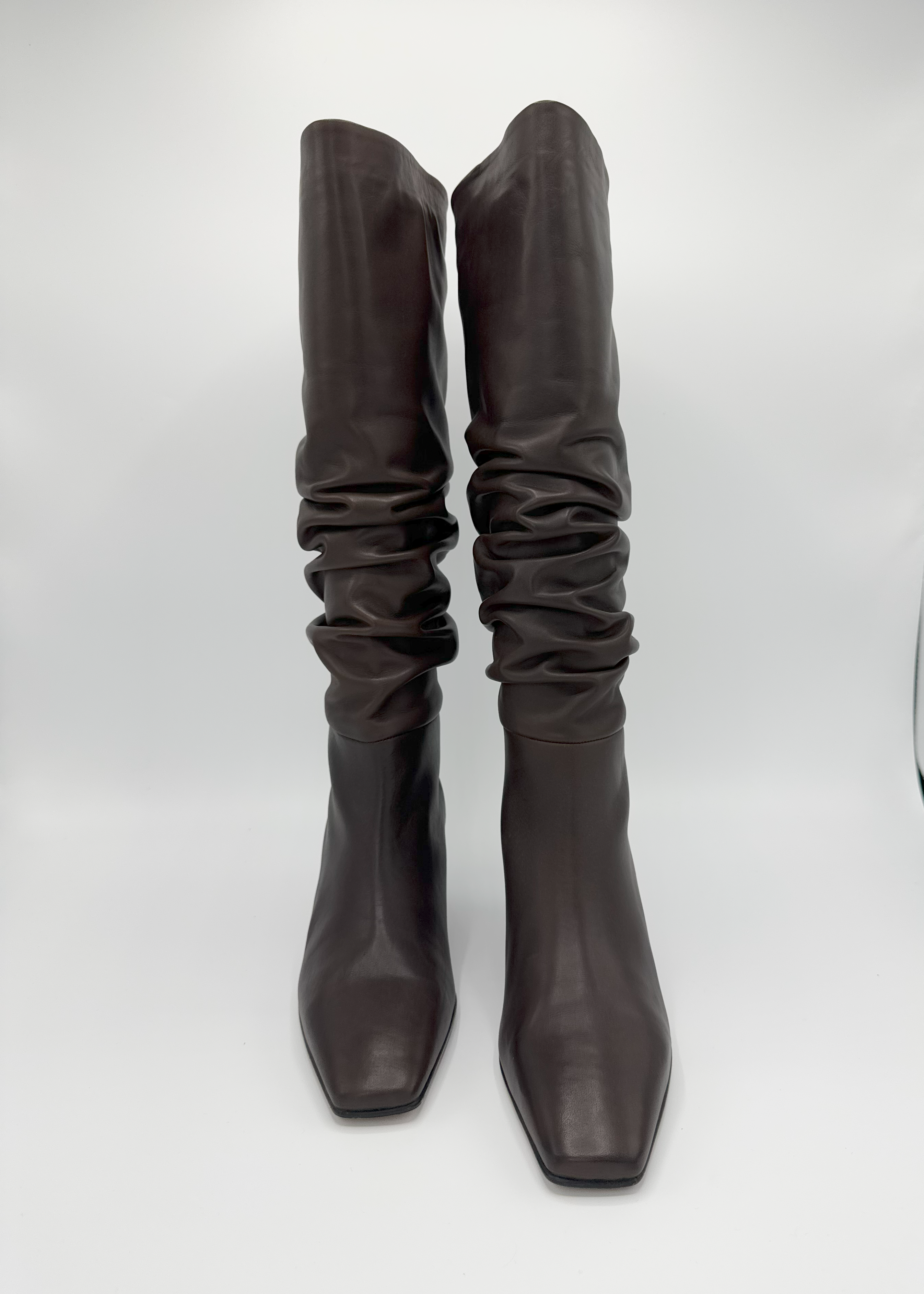Draped Pull-On High Leg Boots with Low Heel Ruika