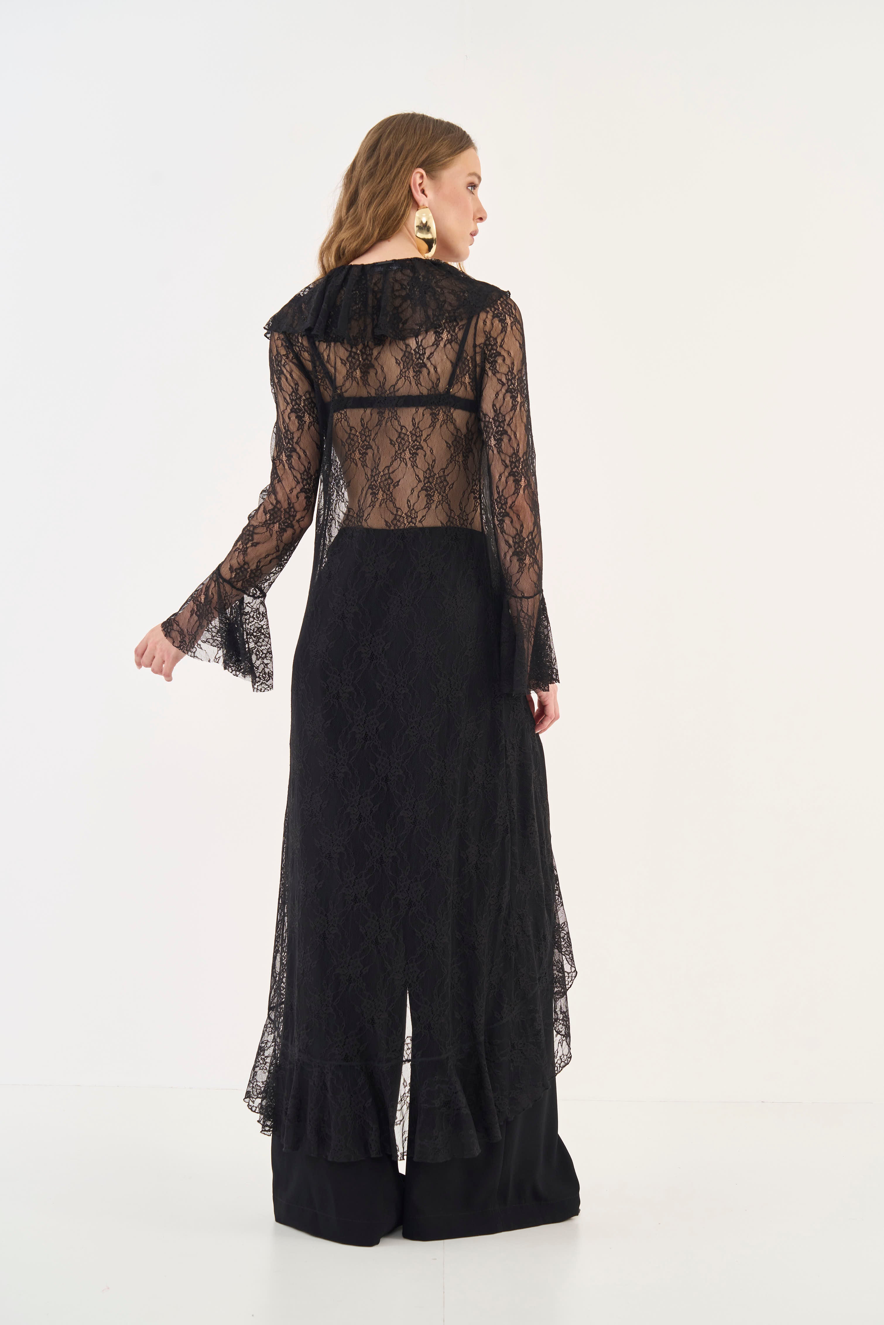 Sheer Lace Shirtdress with Ruffles Colcci