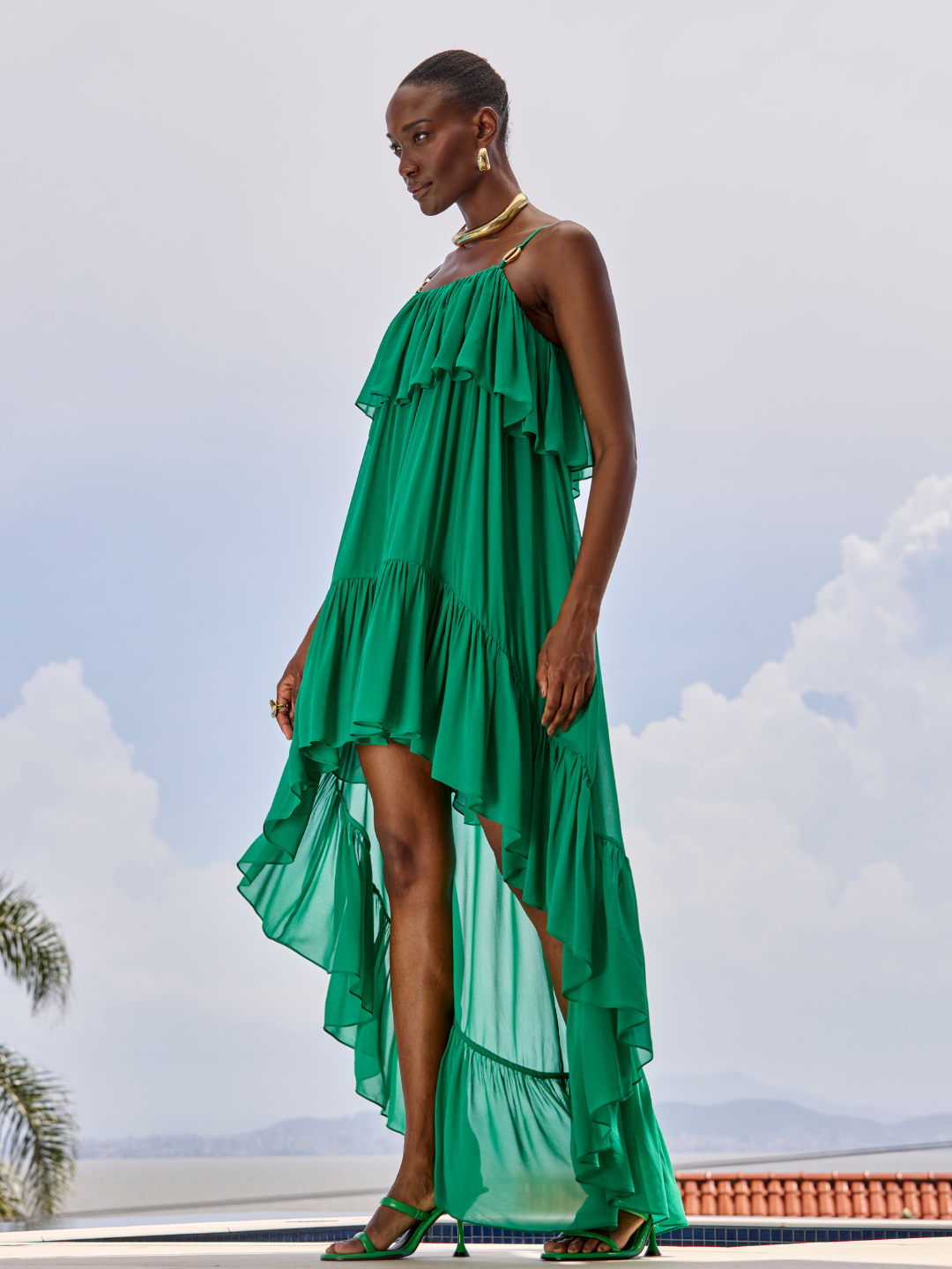 Vestido mullet em chiffon com alças finas Lança Perfume