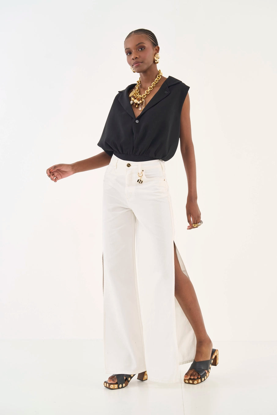 Juliette Cutout Wide-Leg Twill Trousers Colcci
