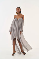 Off-The-Shoulder High-Low Fluid Grey Dress Colcci