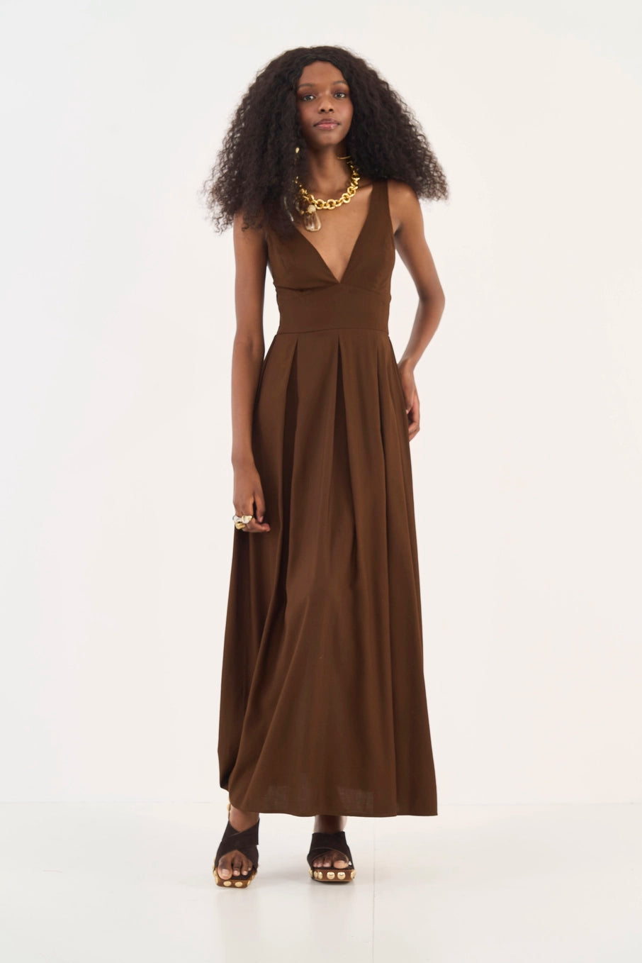 Loose Linen-Blend Brown Maxi Dress Colcci