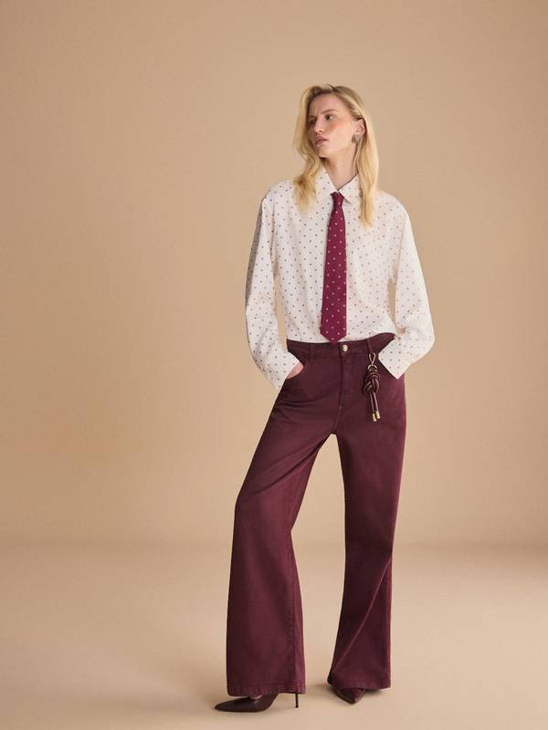 Burgundy Twill Wide-Leg Mid-Rise Trousers Lança Perfume