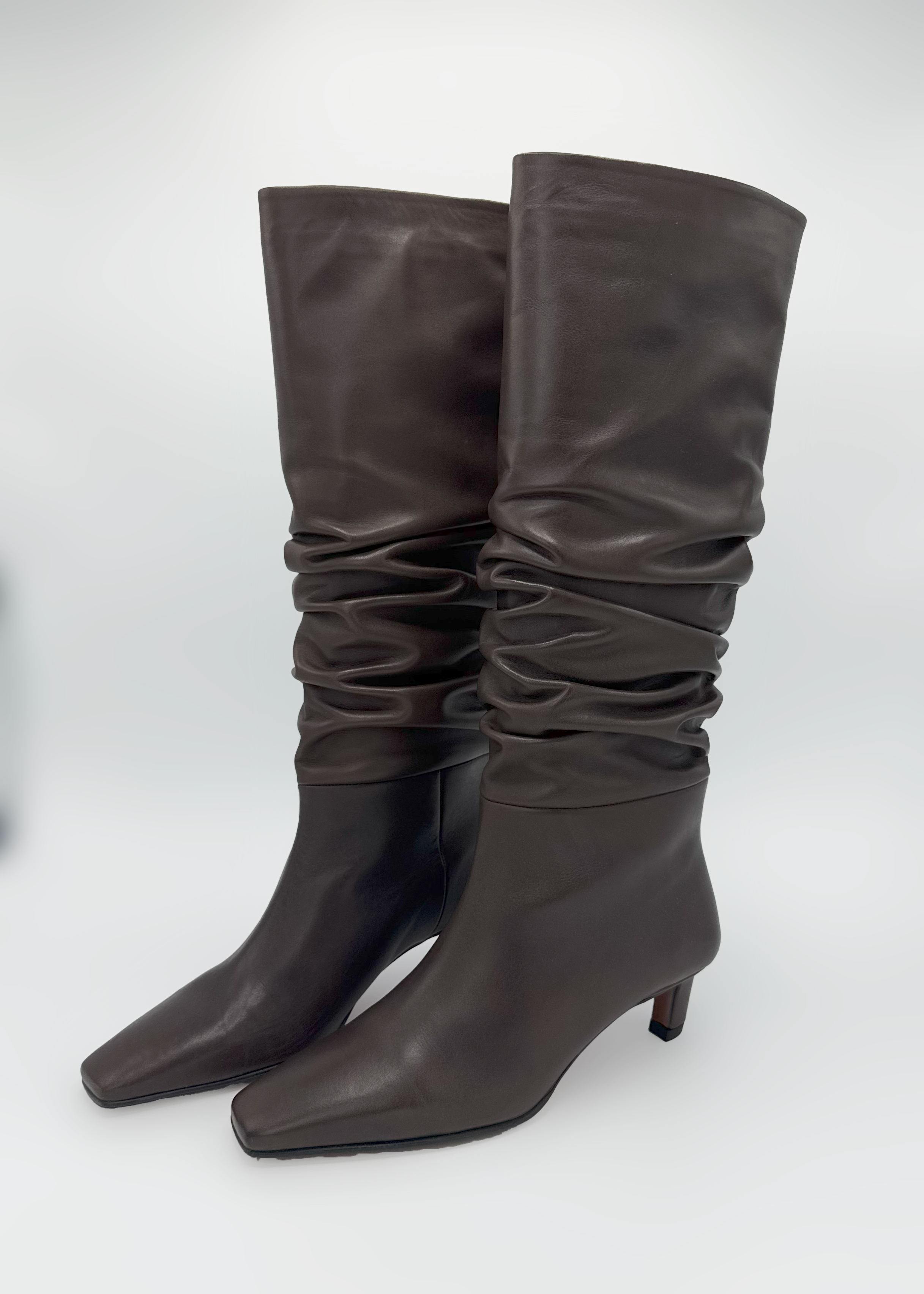 Draped Pull-On High Leg Boots with Low Heel Ruika