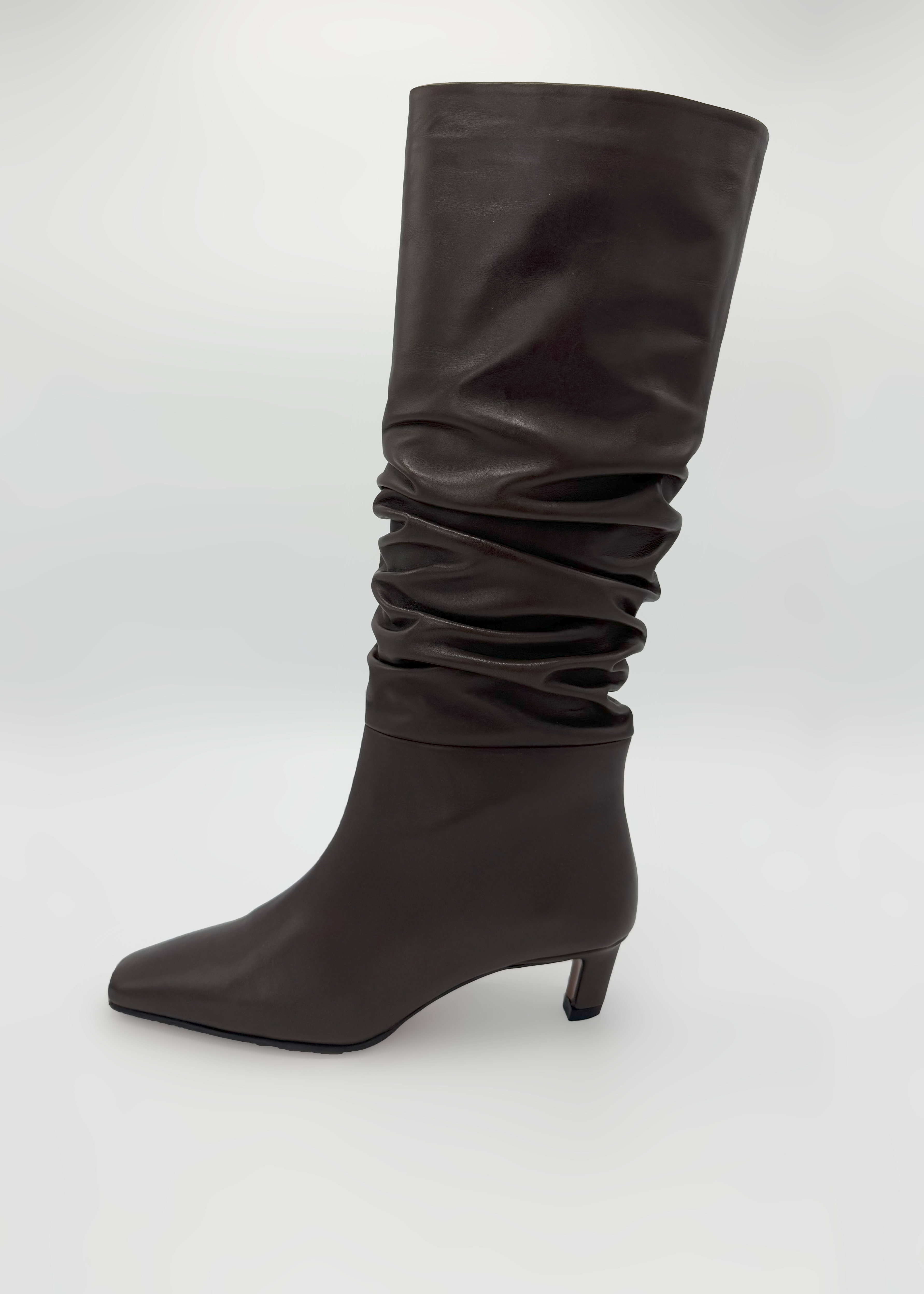 Draped Pull-On High Leg Boots with Low Heel Ruika