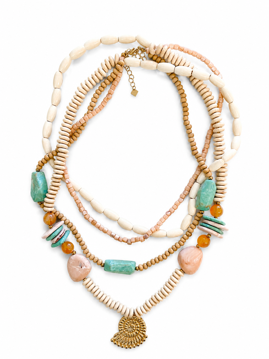 5-in-1 Wooden Bead Layered Necklace with Shell Charms Jetlag