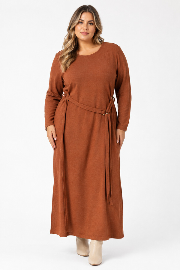 Terracotta Flare Knitted Long Dress with Belt Quattro Venti