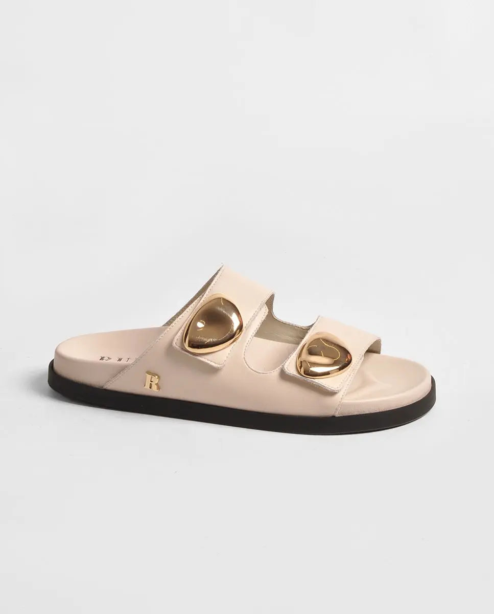 Beige Slip-On Comfort Sandals with Gold Detail Ruika
