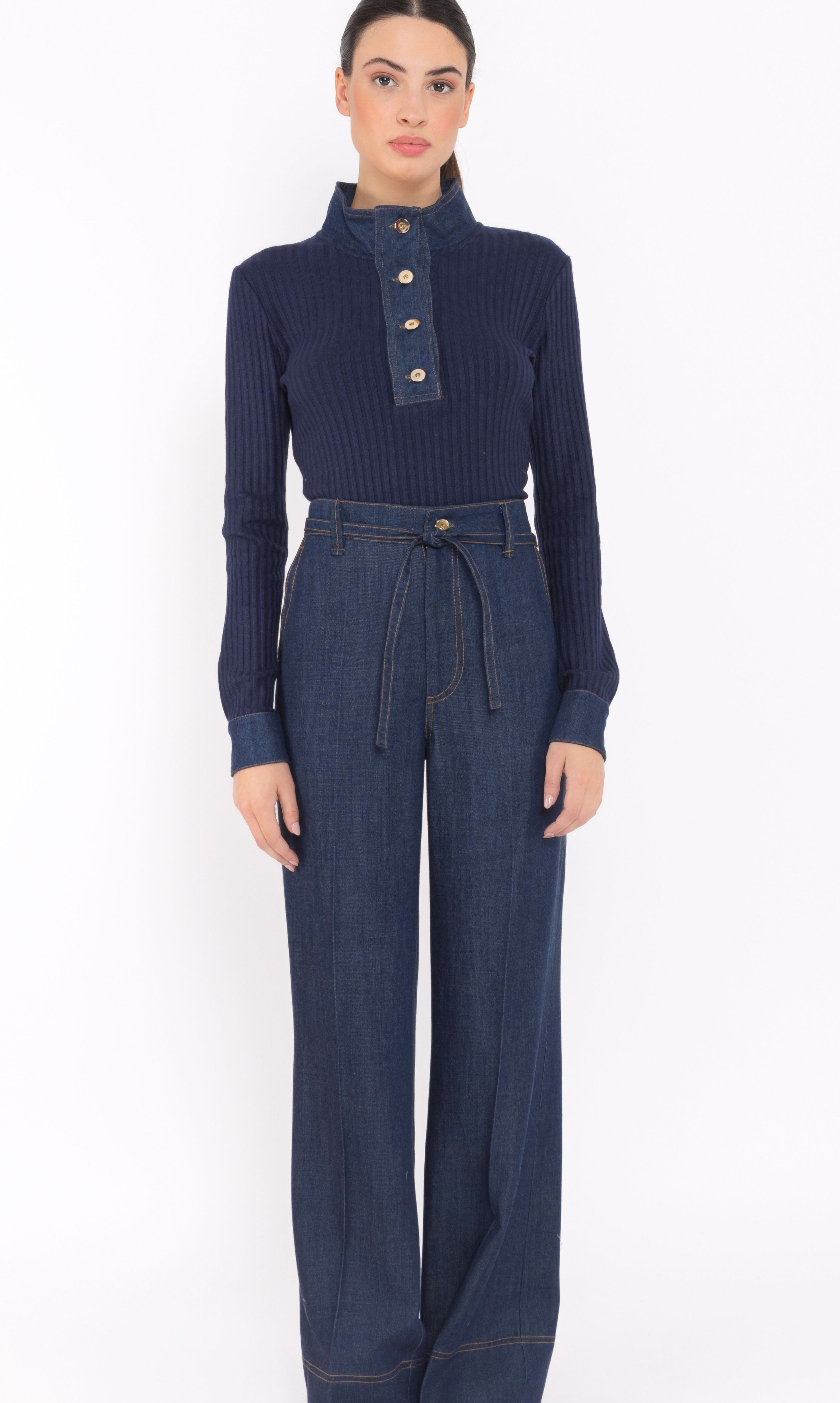 Wide-Leg Denim Trousers with Belt Arggido