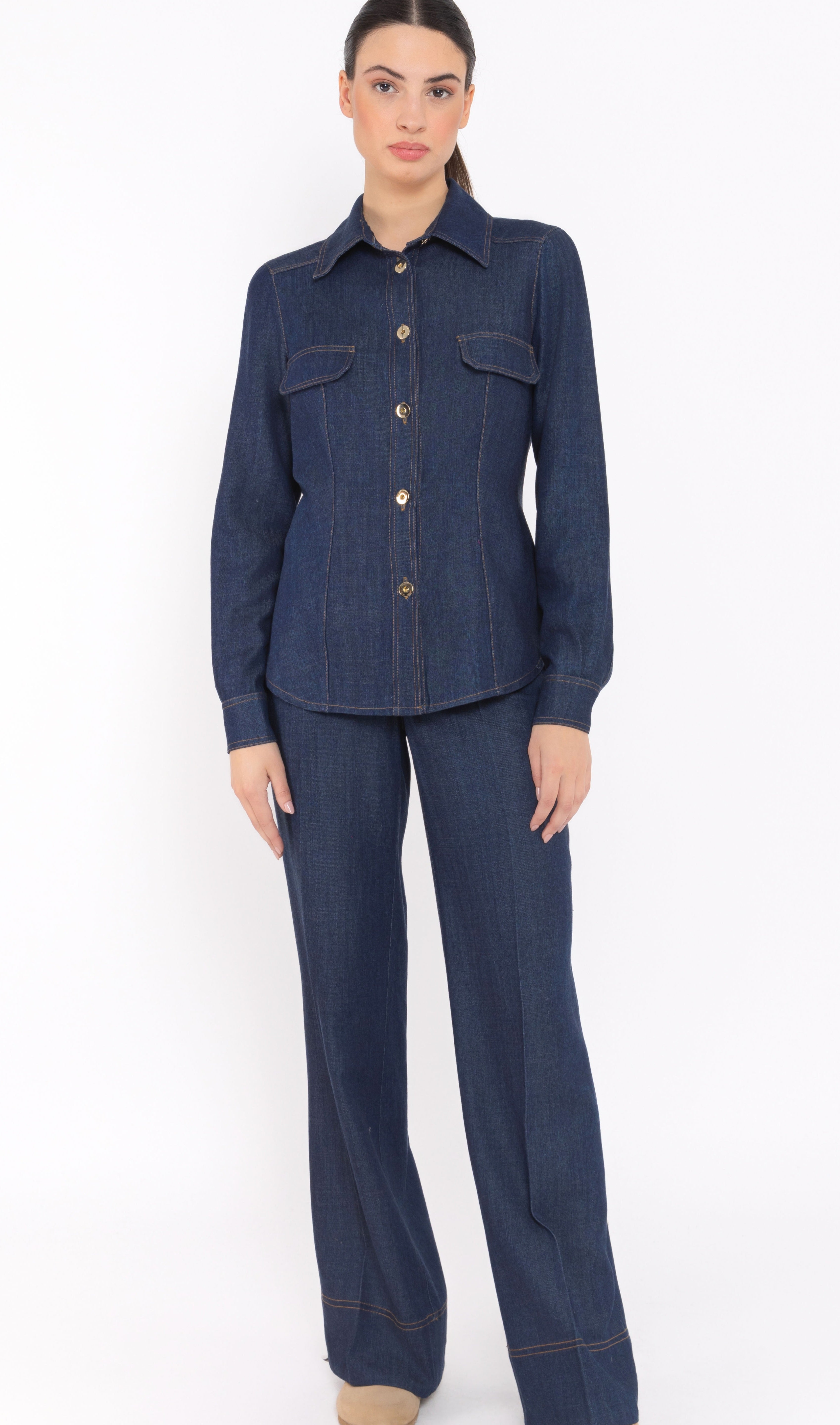 Blue Denim Fitted Crop Shirt Arggido