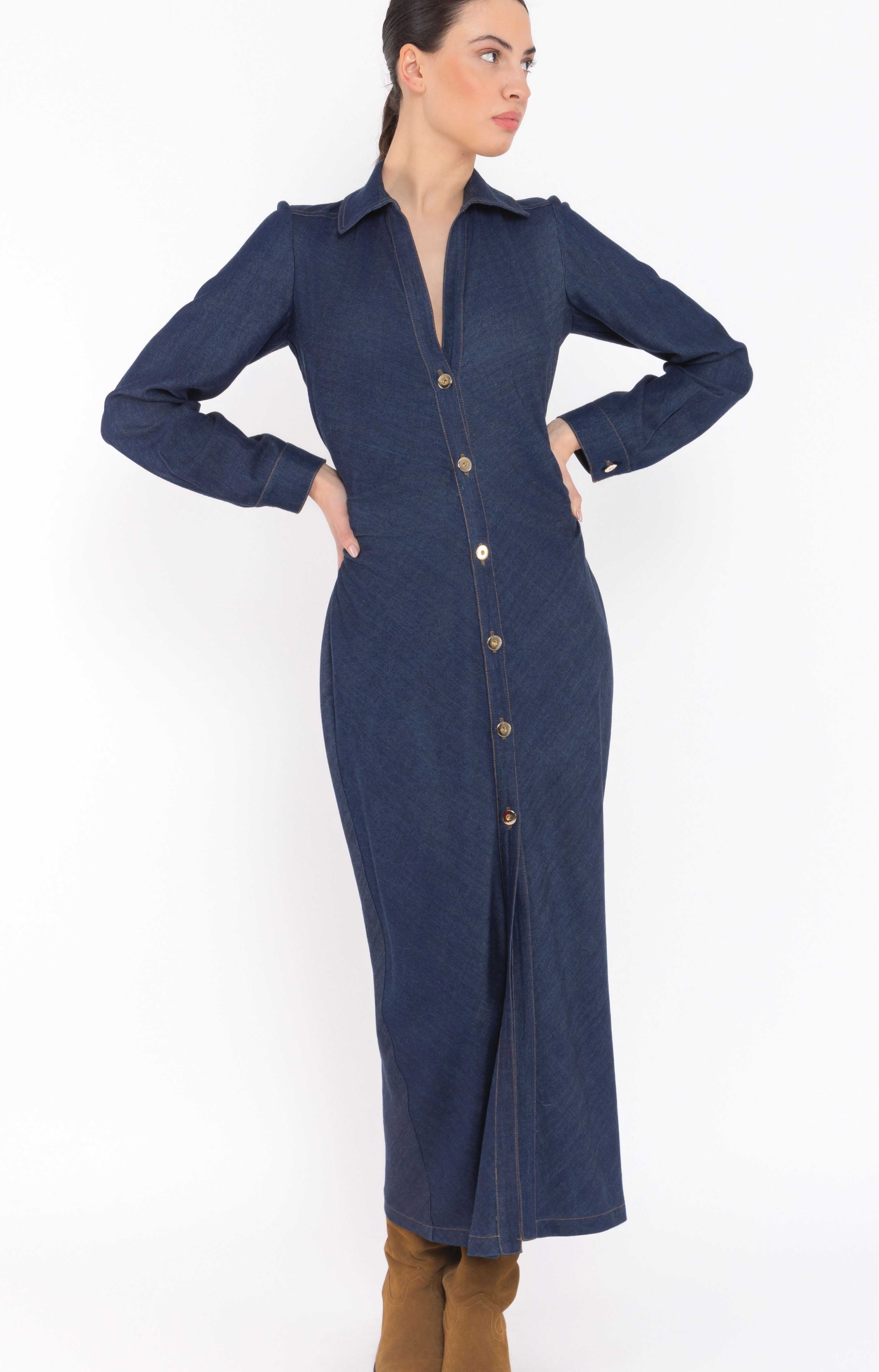 Lightweight Long Denim Dress with Long Sleeves and Front Buttons Arggido
