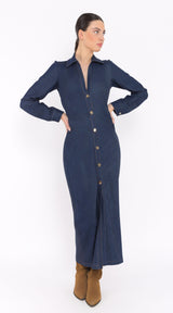 Lightweight Long Denim Dress with Long Sleeves and Front Buttons Arggido