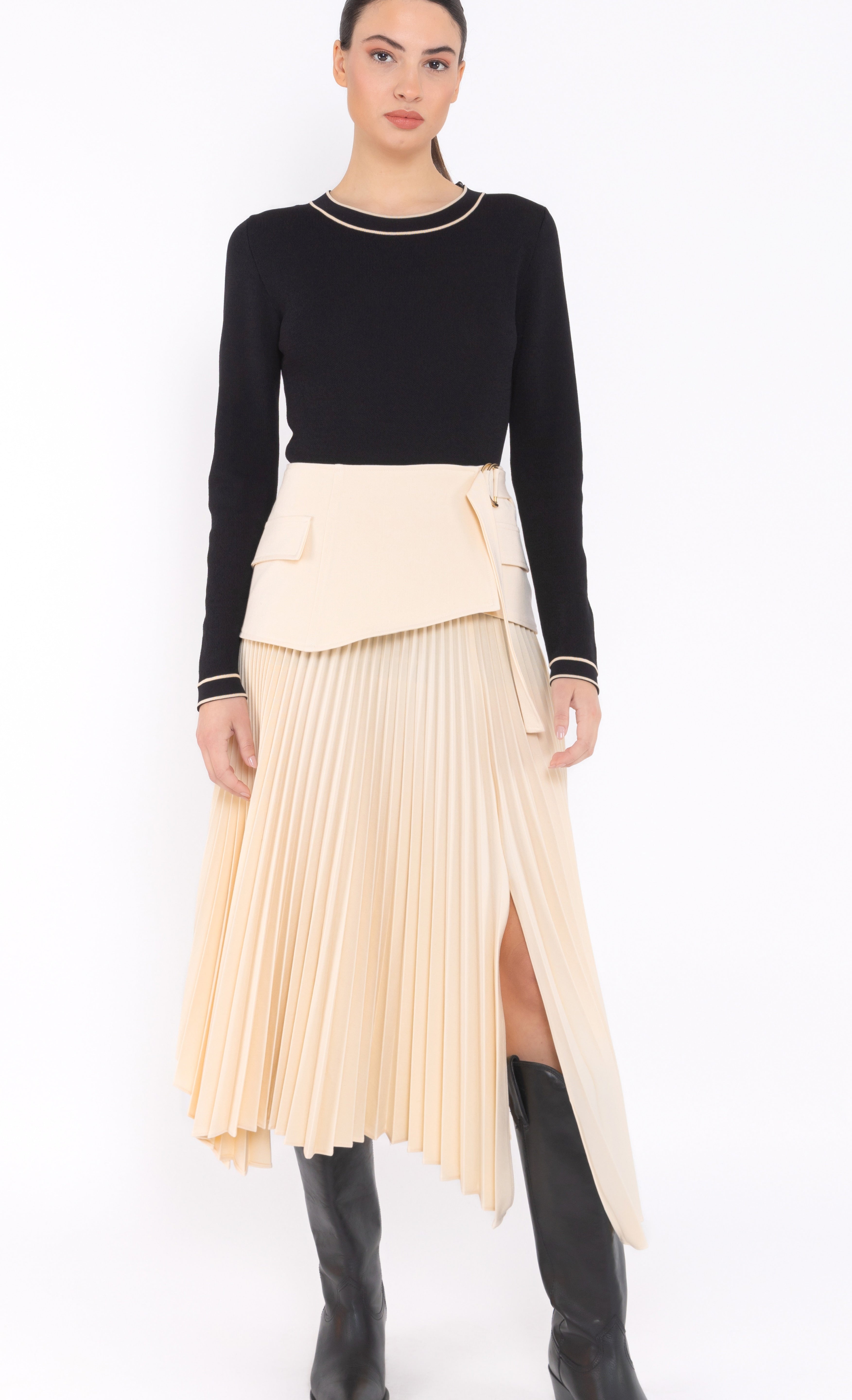 Beige Pleated Midi Skirt with Utility Belt Detail Arggido