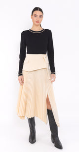 Beige Pleated Midi Skirt with Utility Belt Detail Arggido