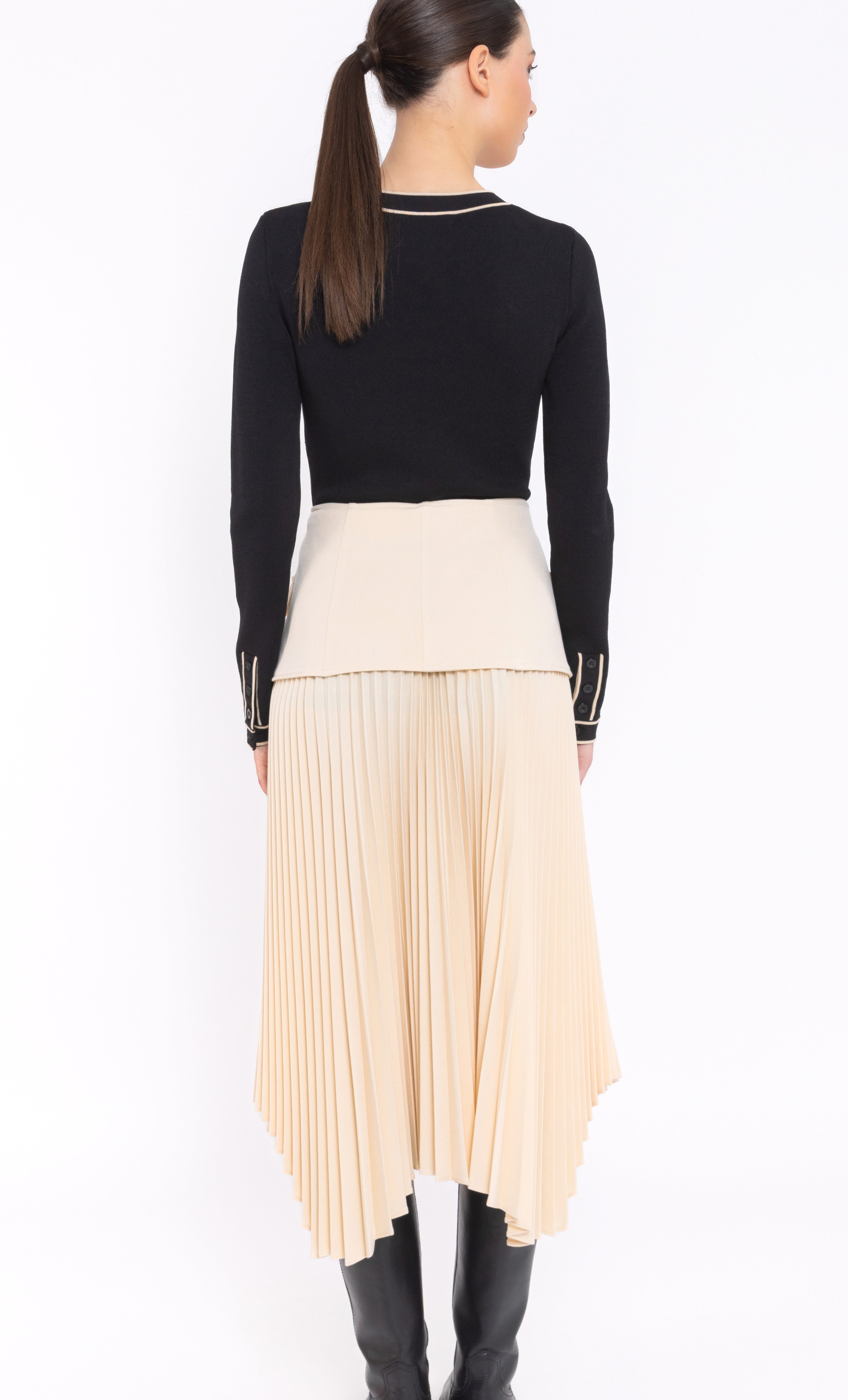 Beige Pleated Midi Skirt with Utility Belt Detail Arggido