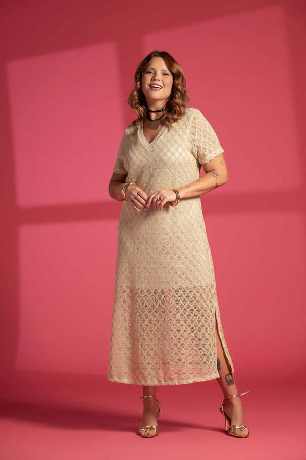 Gold-Threaded Beige Midi Dress Quattro Venti