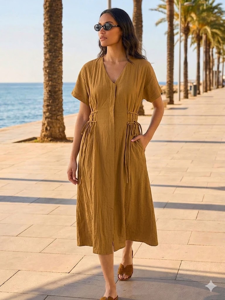 Vestido Midi de Botões com Laços Ajustáveis na Cintura Quattro Venti