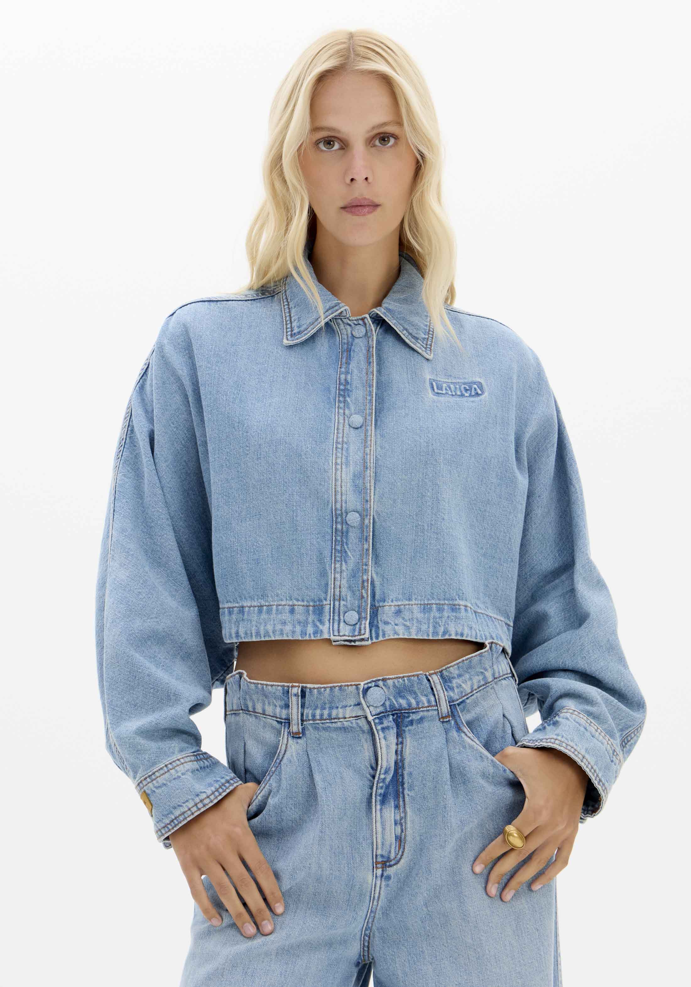 Camisa Cropped Jeans Manga Comprida Lança Perfume
