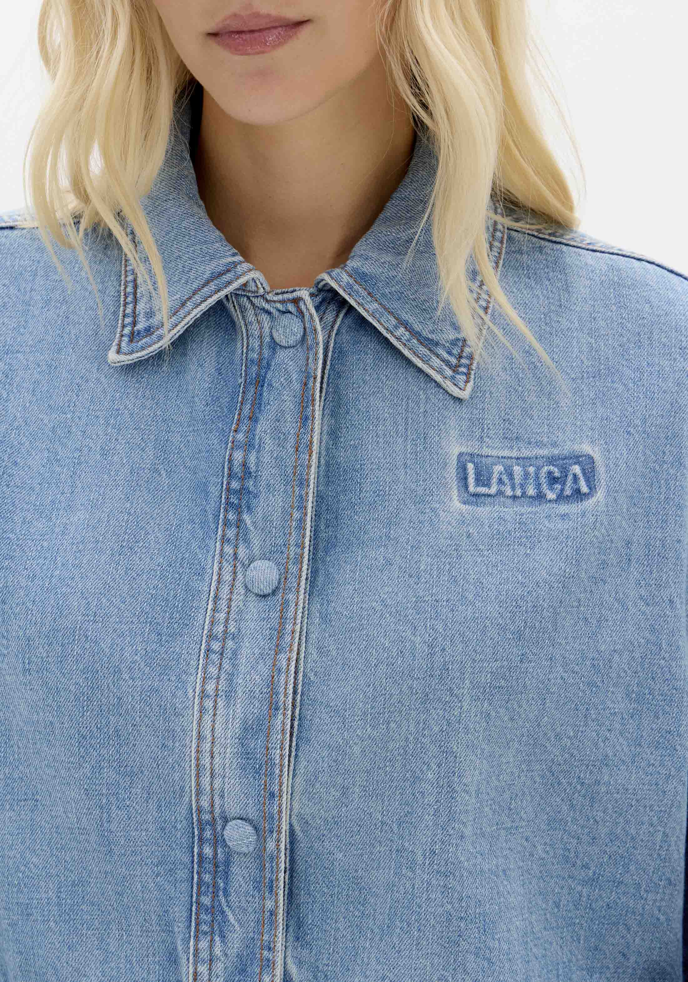 Camisa Cropped Jeans Manga Comprida Lança Perfume