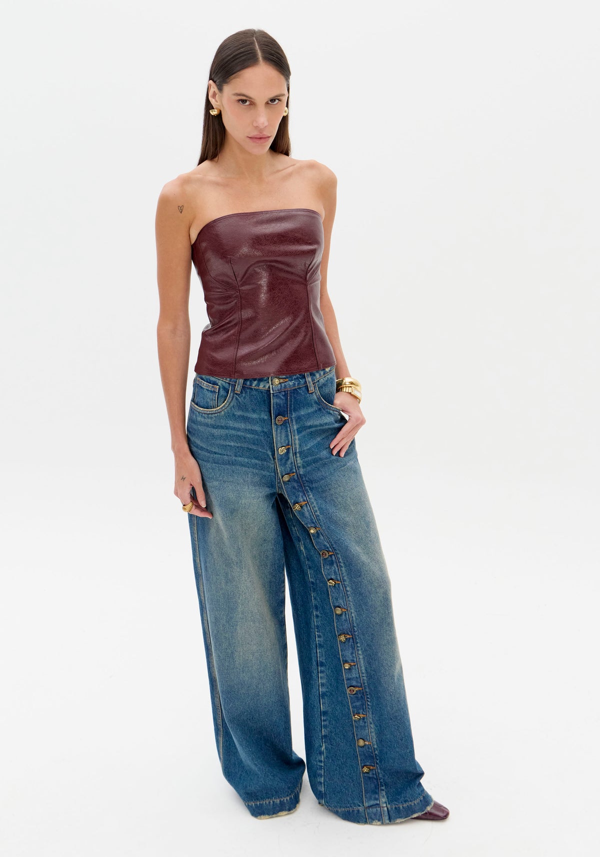 Wide-Leg Denim Trousers with Button Hem Lança Perfume
