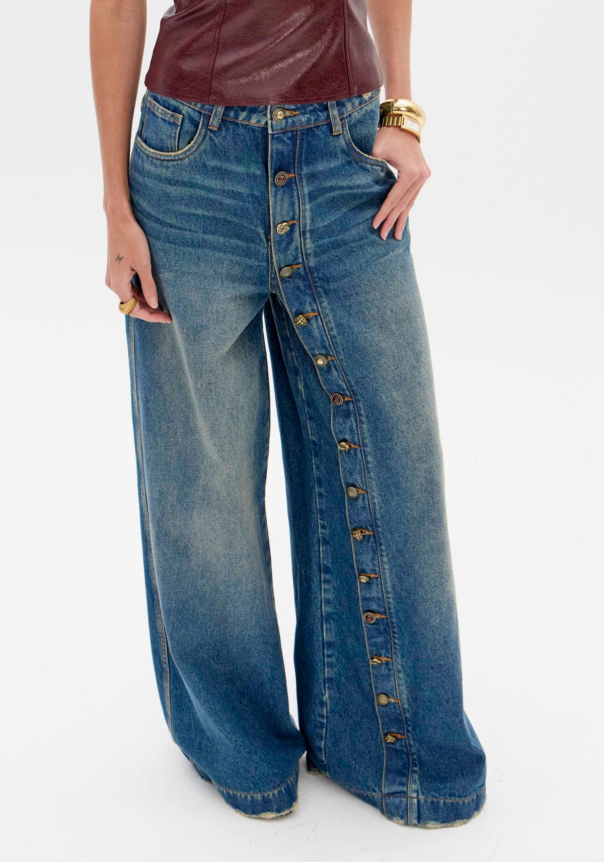 Wide-Leg Denim Trousers with Button Hem Lança Perfume