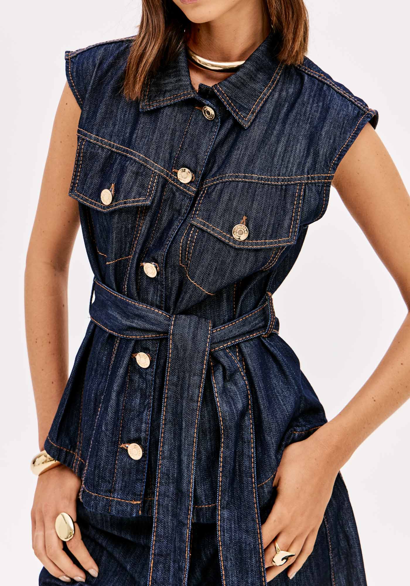 Longline Denim Waistcoat with Buttons Lança Perfume