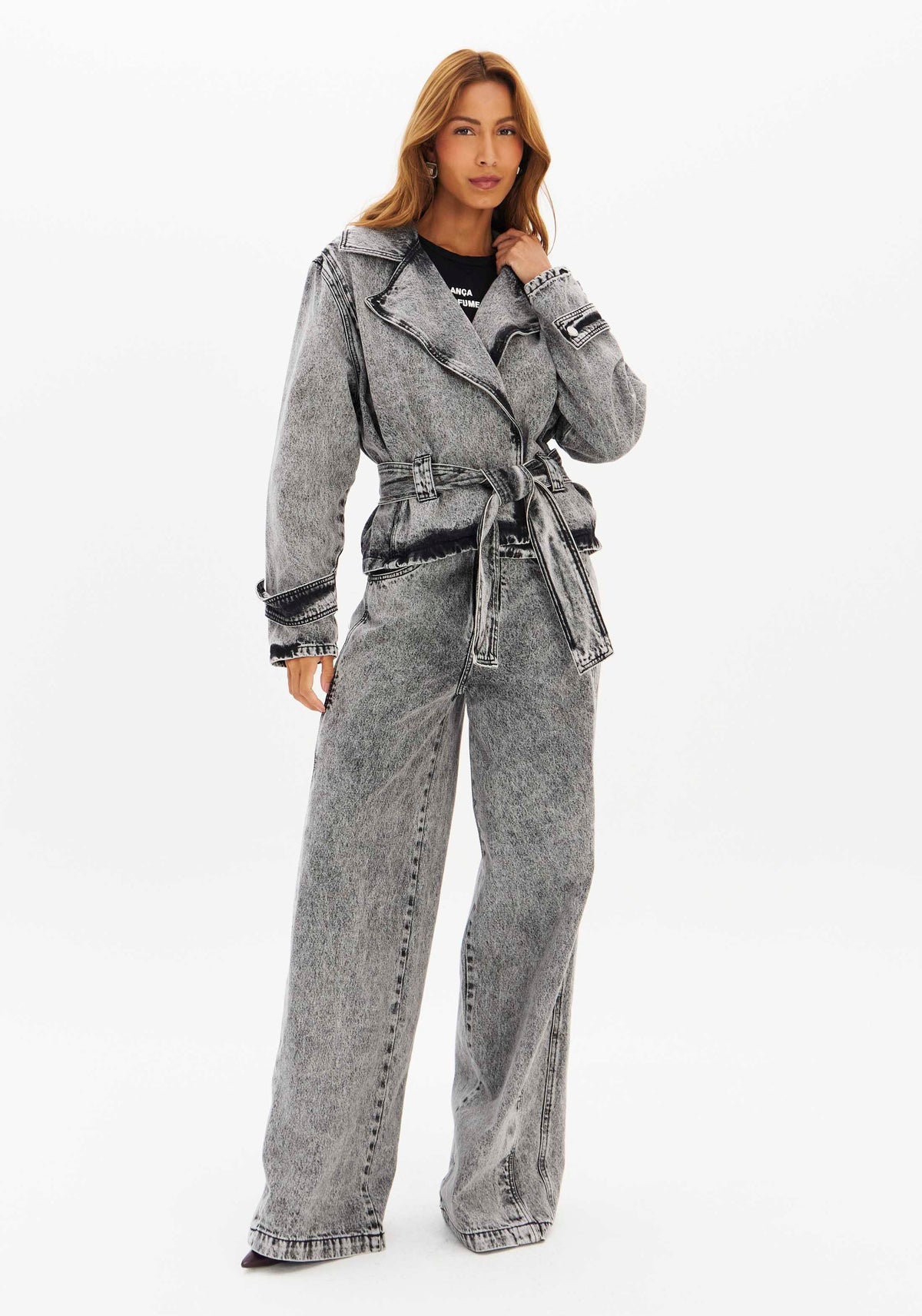 Oversized Washed Denim Jacket with Side Stripe Lança Perfume
