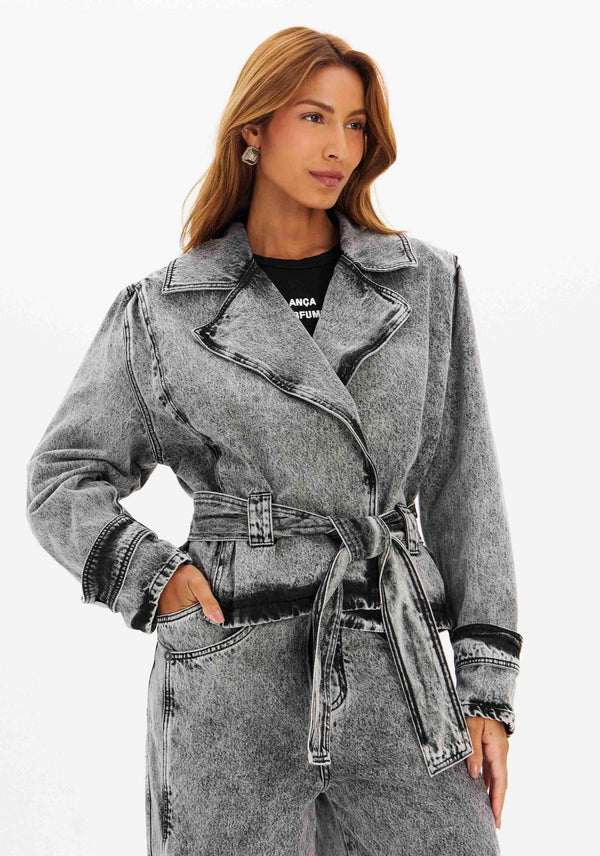 Oversized Washed Denim Jacket with Side Stripe Lança Perfume