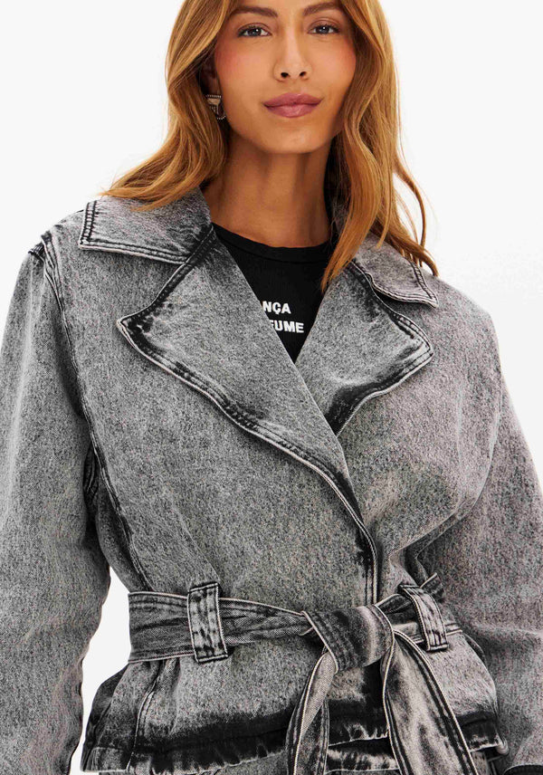 Oversized Washed Denim Jacket with Side Stripe Lança Perfume