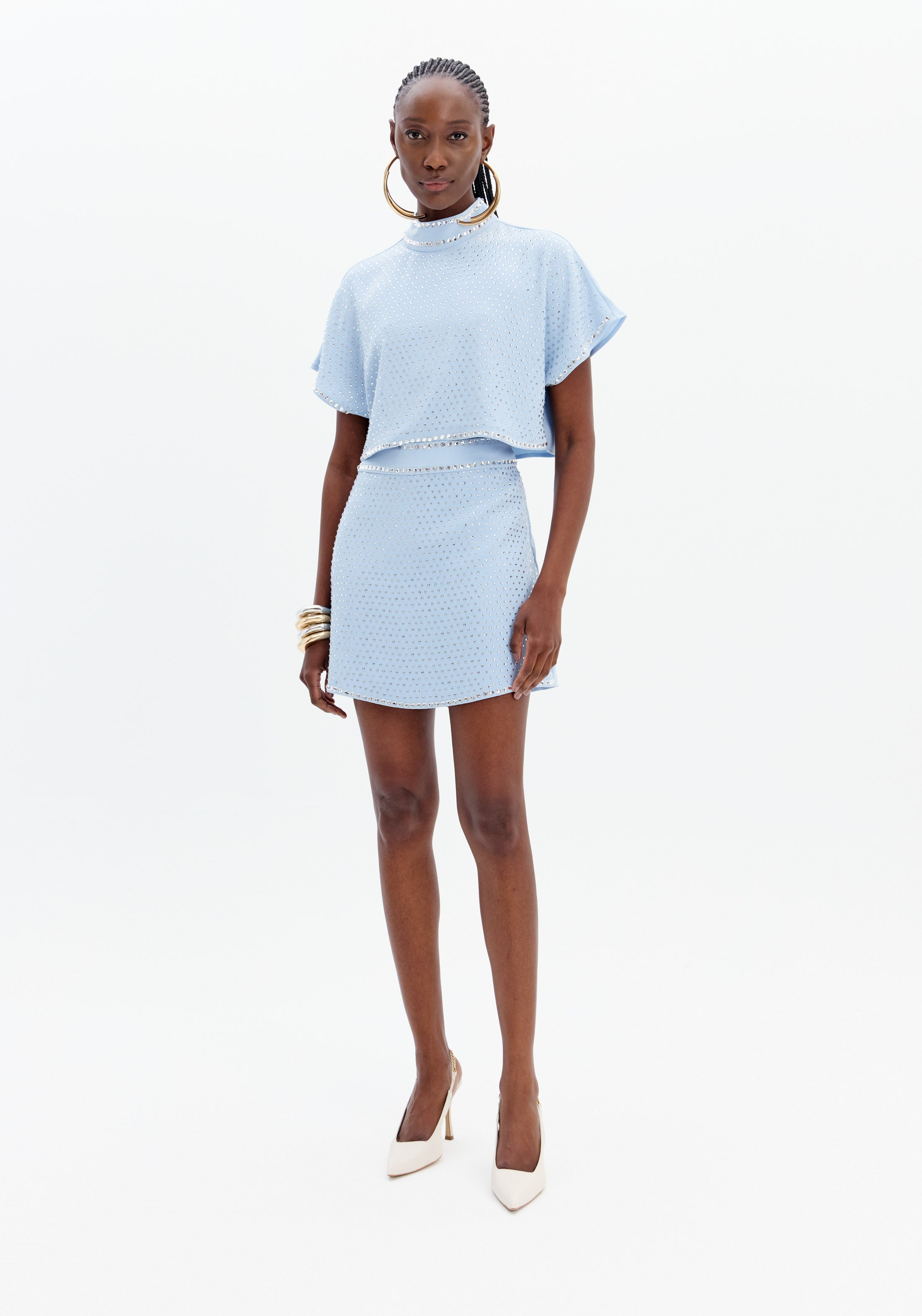 Short Sleeve Top with High Neck and Crystal Details Lança Perfume