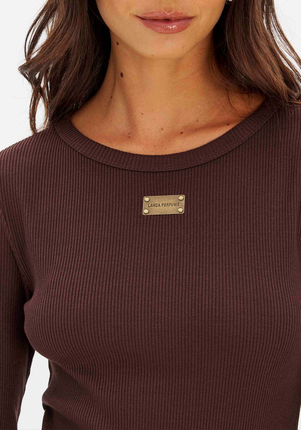Long-Sleeve Ribbed Basic Top with Metallic Logo Lança Perfume