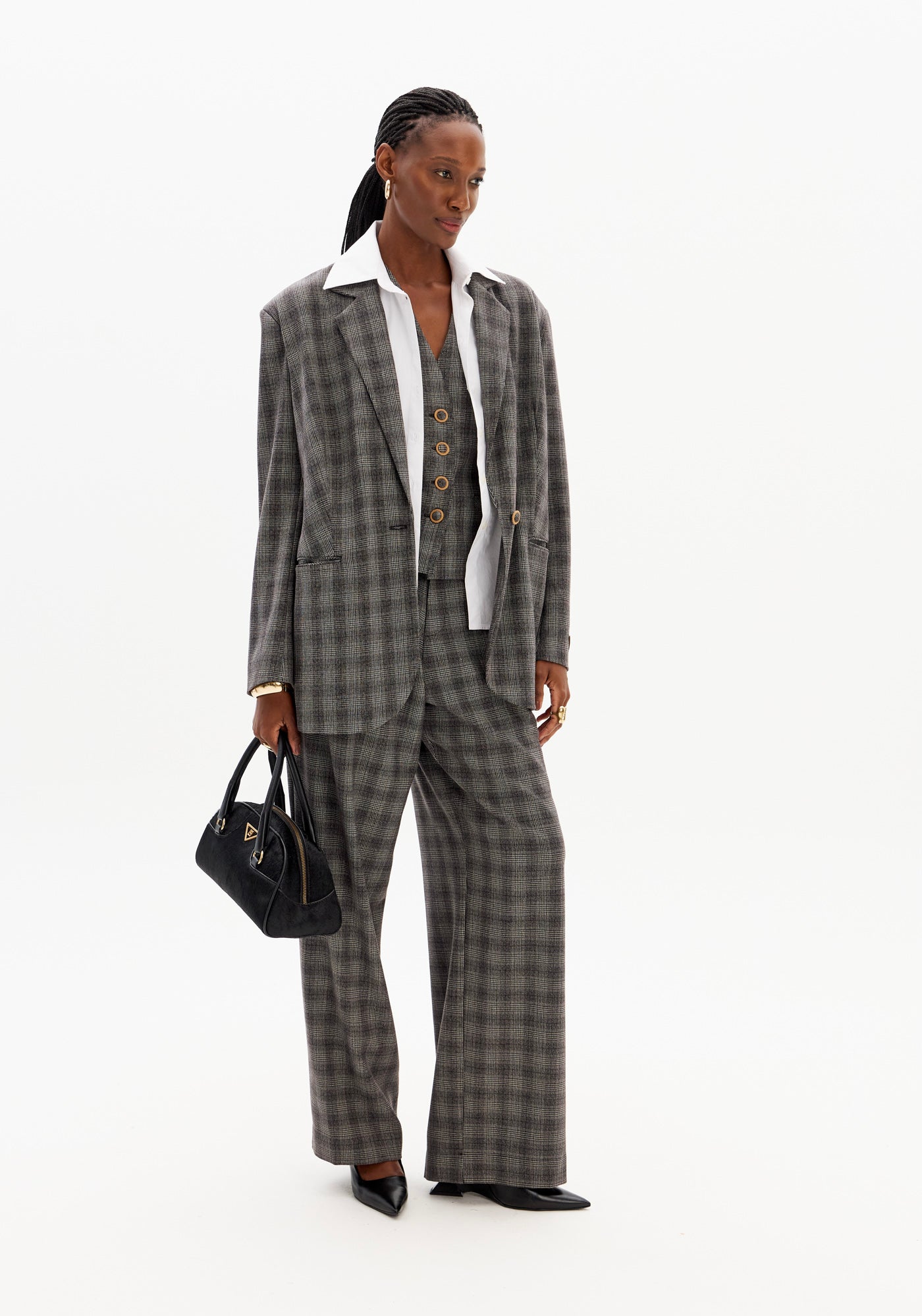 Grey 2-in-1 Double-Breasted Check Blazer with Attached Shirt Lança Perfume