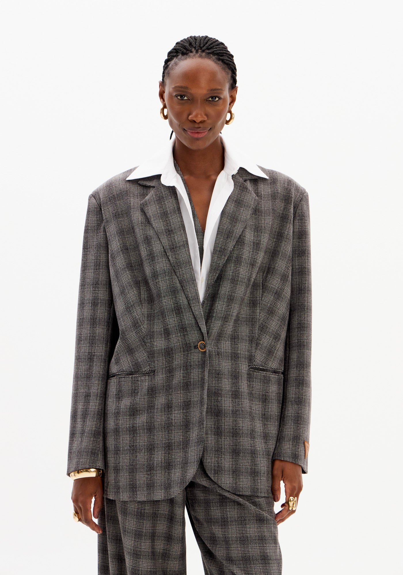 Grey 2-in-1 Double-Breasted Check Blazer with Attached Shirt Lança Perfume
